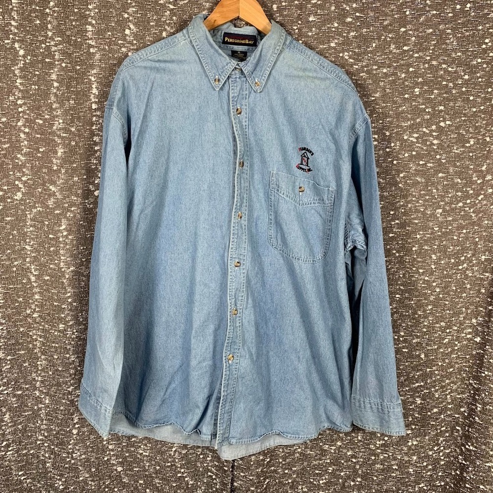Vintage Peregrine Bay‎ Plumber Supply Inc Denim Button Down Shirt Men's XL